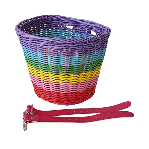 Cesta de bicicleta para niños Imitación delantera de canasta de ratán Cesta de canasta de arco iris canasta de bicicleta de almacenamiento para viajes Correas de color rosa