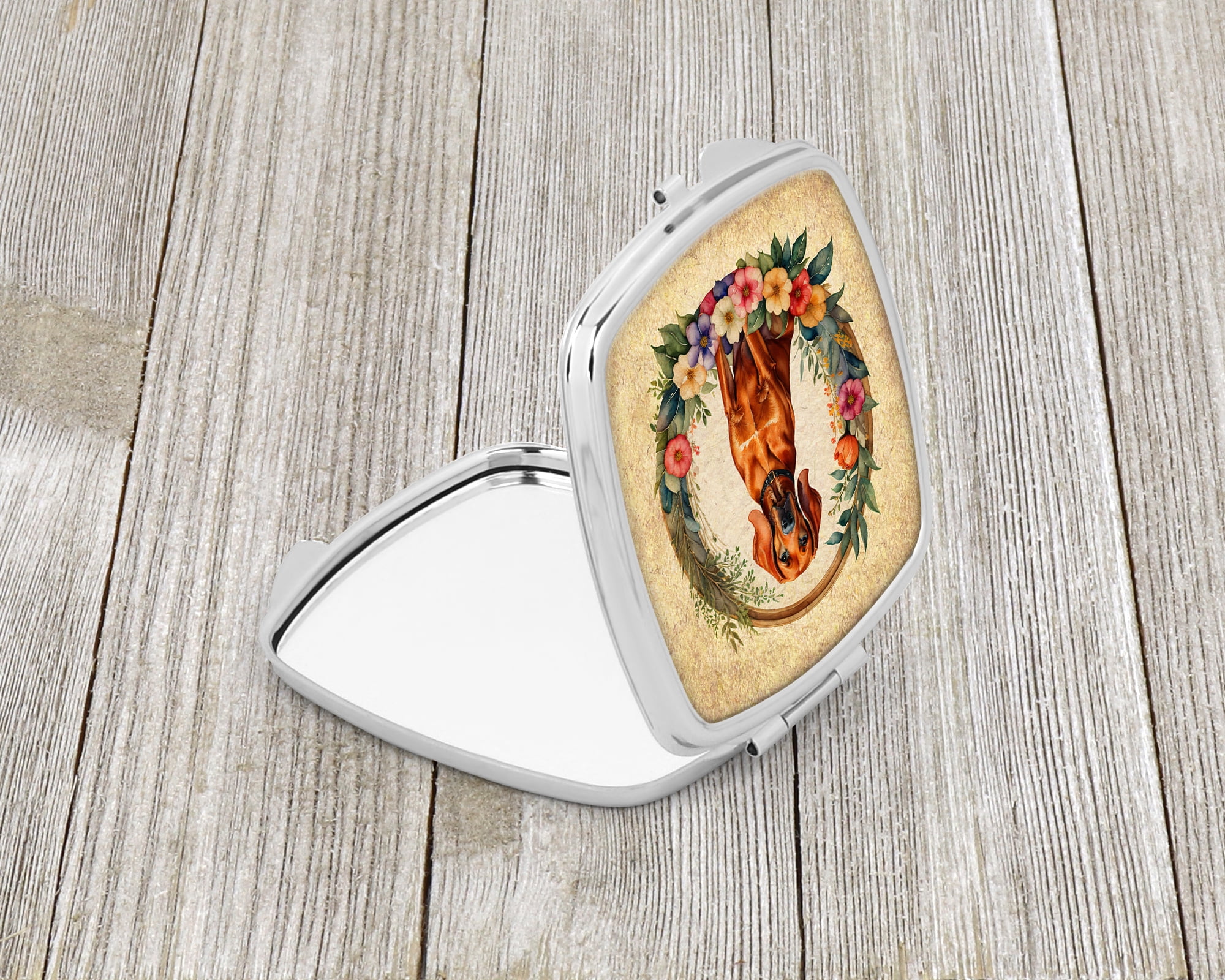 Redbone Coonhound and Flowers Compact Mirror 2.75 in x 3 in