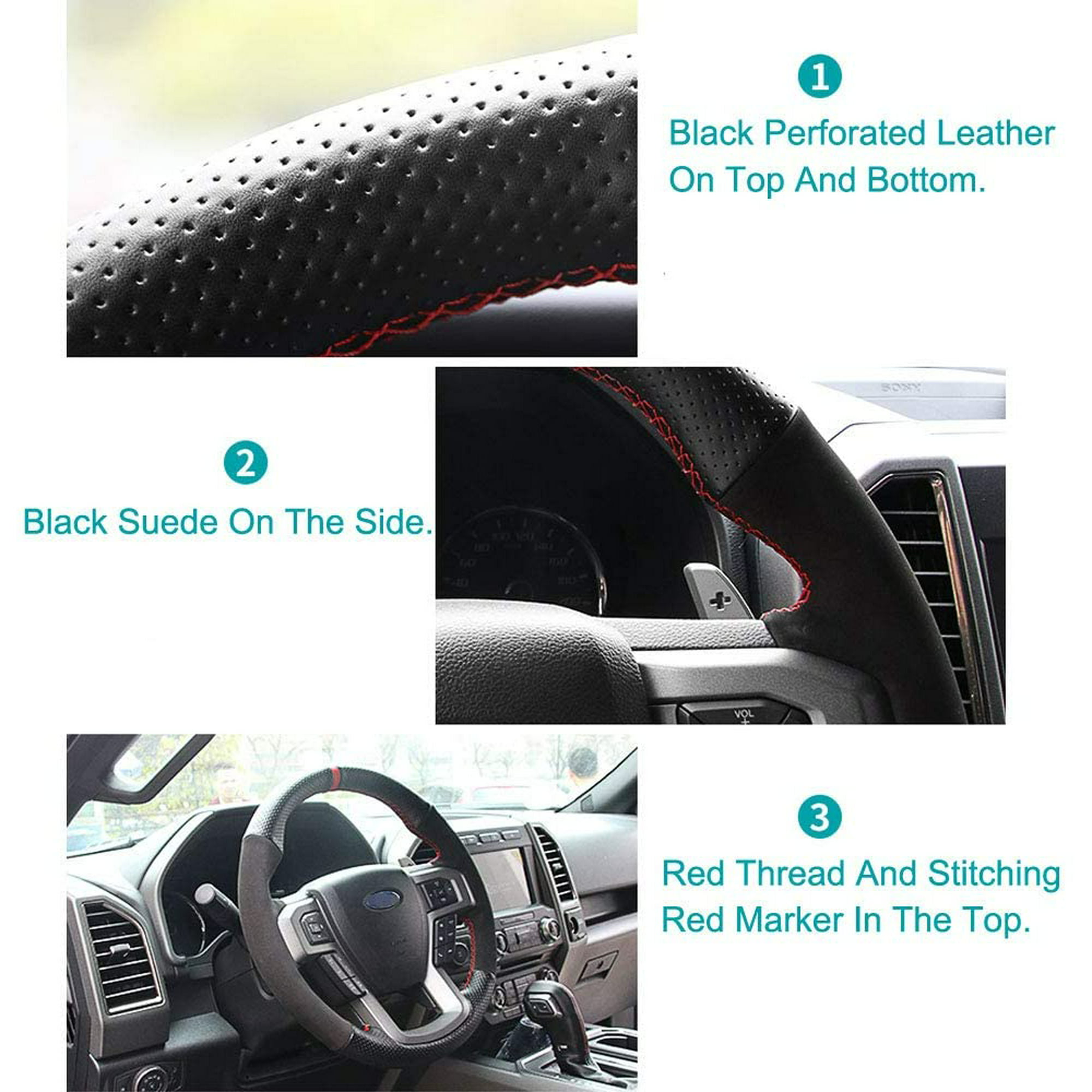Black Perforated Leather & Suede Red Thread Auto DIY Steering 