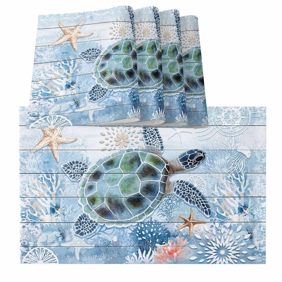 Ocean Turtle Placemats for Dinning Table Set of 6, Blue Coral Coastal Starfish Nautical Shell Burlap Kitchen Place Mats Waterproof Cloth Table Mats, Indoor Outdoor Placemats Easy Clean Dinner Decor