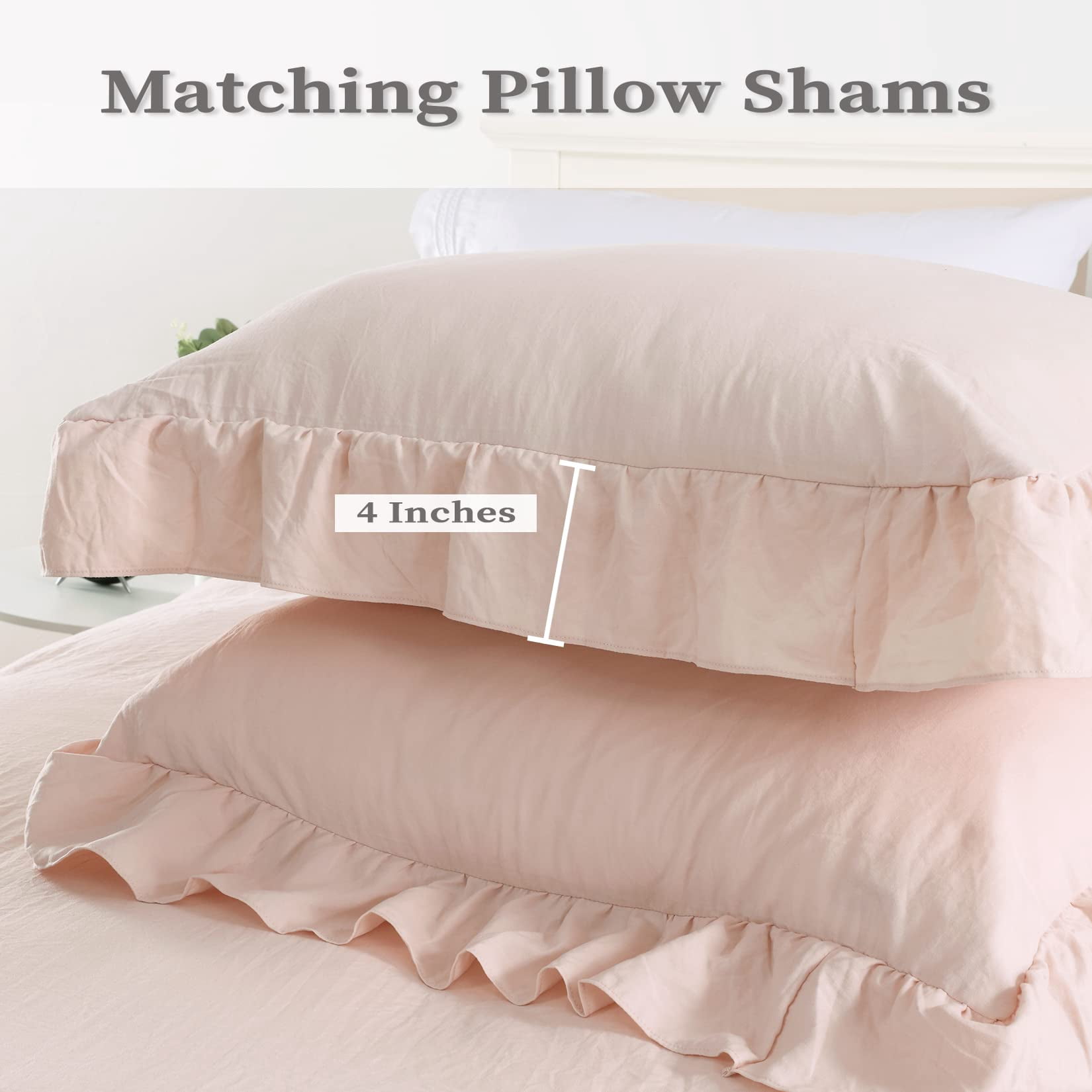 Ruffle Duvet Cover King Size, 3PCS Soft Washed Microfiber Vintage French Country Duvet Cover Set with Button Closure, Pink, 104x90 in