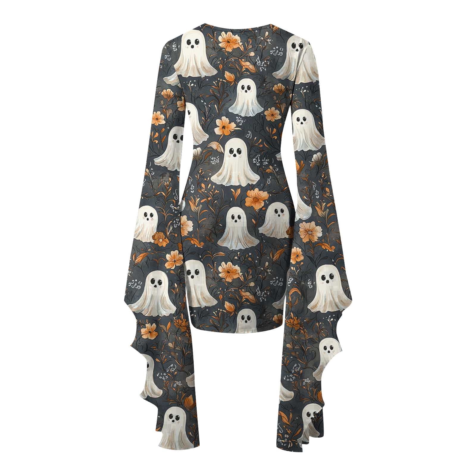 Womens Halloween Costumes Ghost Printed Bodycon Mini Dress Batwing Sleeve Crew Neck Masquerade Dresses Scream Costume