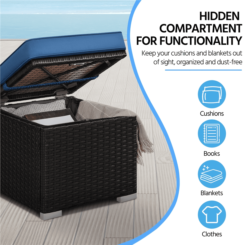 Renwick Wicker Patio Storage Ottomans with Cushions, Set of 2, Brown/Dark Blue