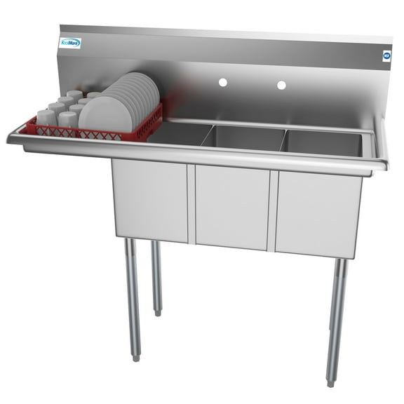 3 Compartment 45" Stainless Steel Commercial Kitchen Sink with Drainboard - Bowl Size 10" x 14" x 10"