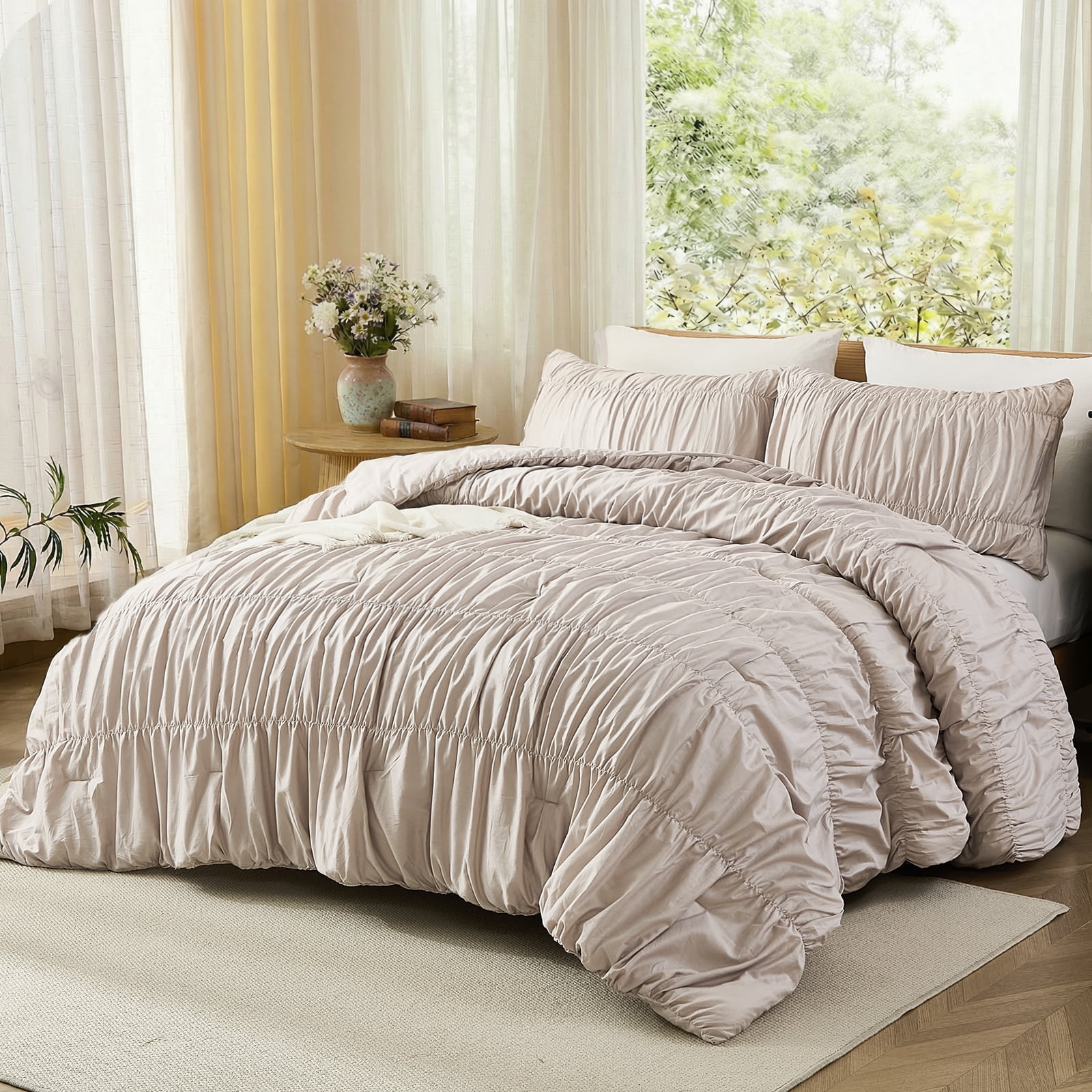100% Cotton Wrinkle King Duvet Cover Set,Ruched Bedding Comforter Cover,Shabby Chic Ruffled 3 Pcs Queen Duvet Cover Set,Bohemian Boho Bedding Set 1 Duvet  Cover 2 Pillowcases