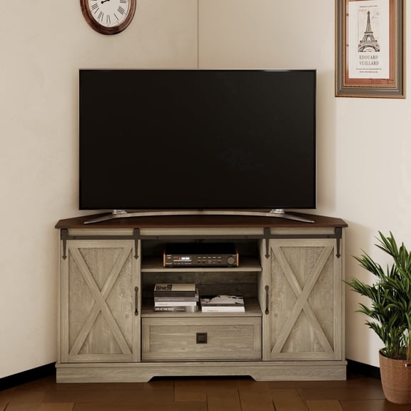 Melidee Corner TV Stand for 65" TV, Wood Entertainment Center with Sliding Barn Door, Storage Shelves, Media Console, 58.1"x15.6"x31.1"H, Wash Grey