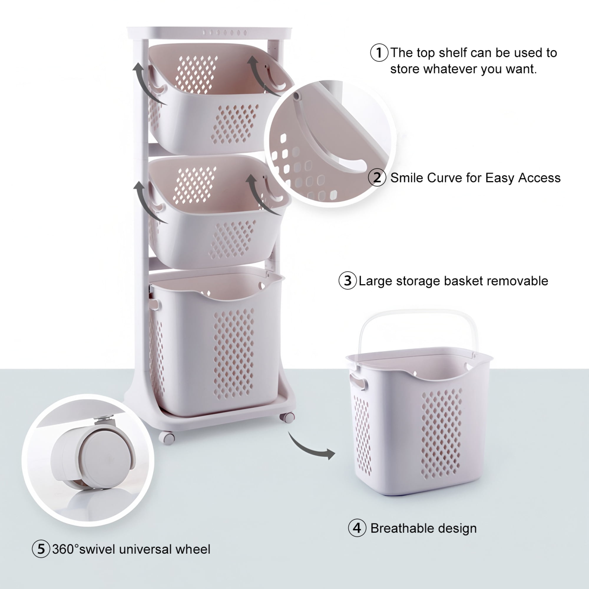 4-Tier Laundry Hamper Sorter, Laundry Storage Organizer with Wheels Removable Rolling Laundry Baskets, Bathroom Cart for Dirty Clothe