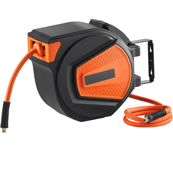 300PSI Retractable Air Hose Reel, 50 Ft x 3/8 Inch Hybrid Polymer Hose with 5 Ft Lead-in, Wall or Ceiling Mount Enclosed Air Compressor Reel with 180° Swivel