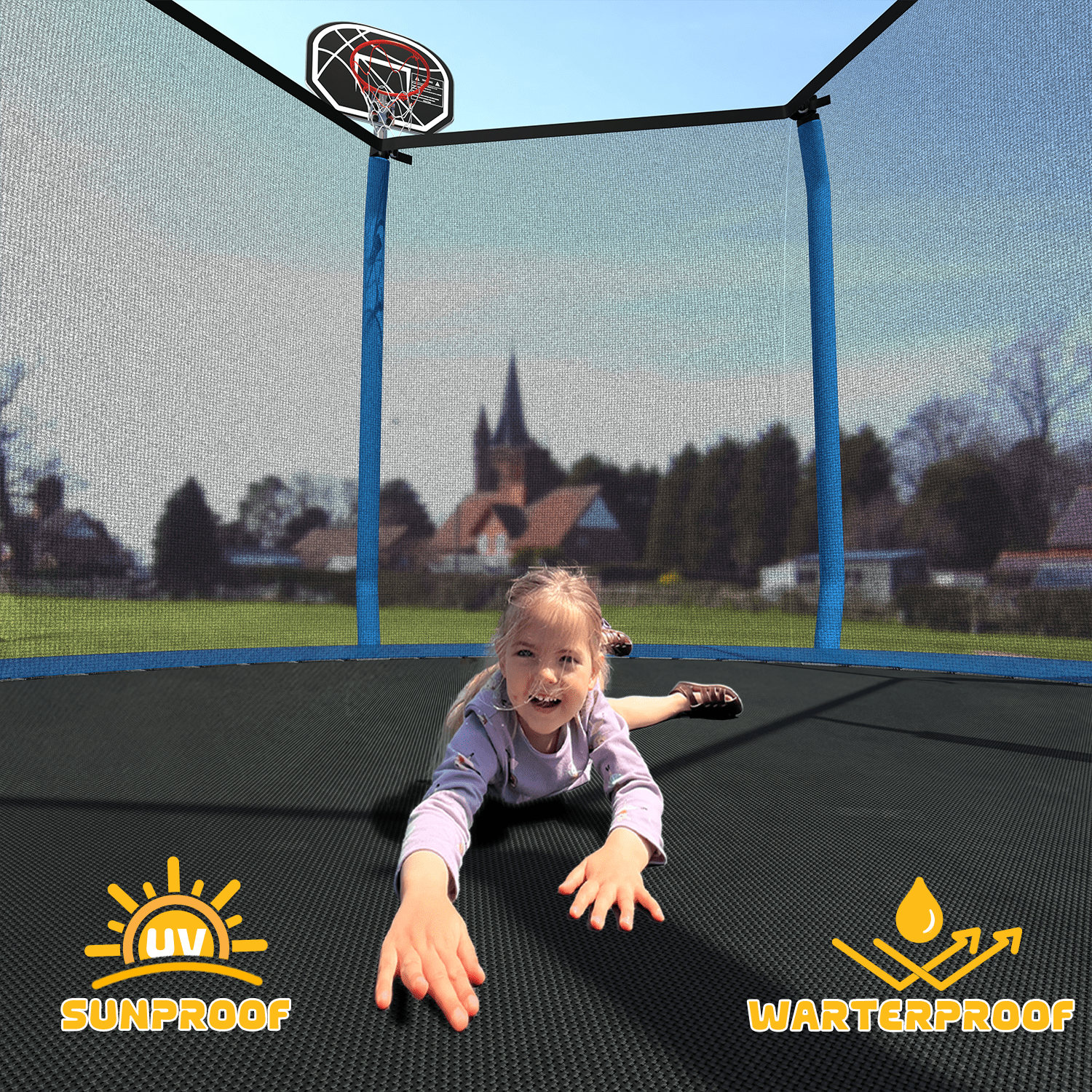 Mersco 8FT Heavy Duty Trampoline with Enclosure Net , Slide Outdoor Big Trampoline for Backyard,Kids Trampoline with Basketball Hoop,Birthday and Holiday Gifts for Kids,Blue