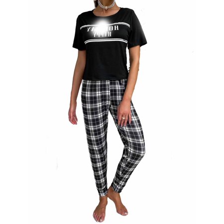 

Casual Plaid Round Neck Pant Sets Short Sleeve Black Womens Pajama Sets (Women s)