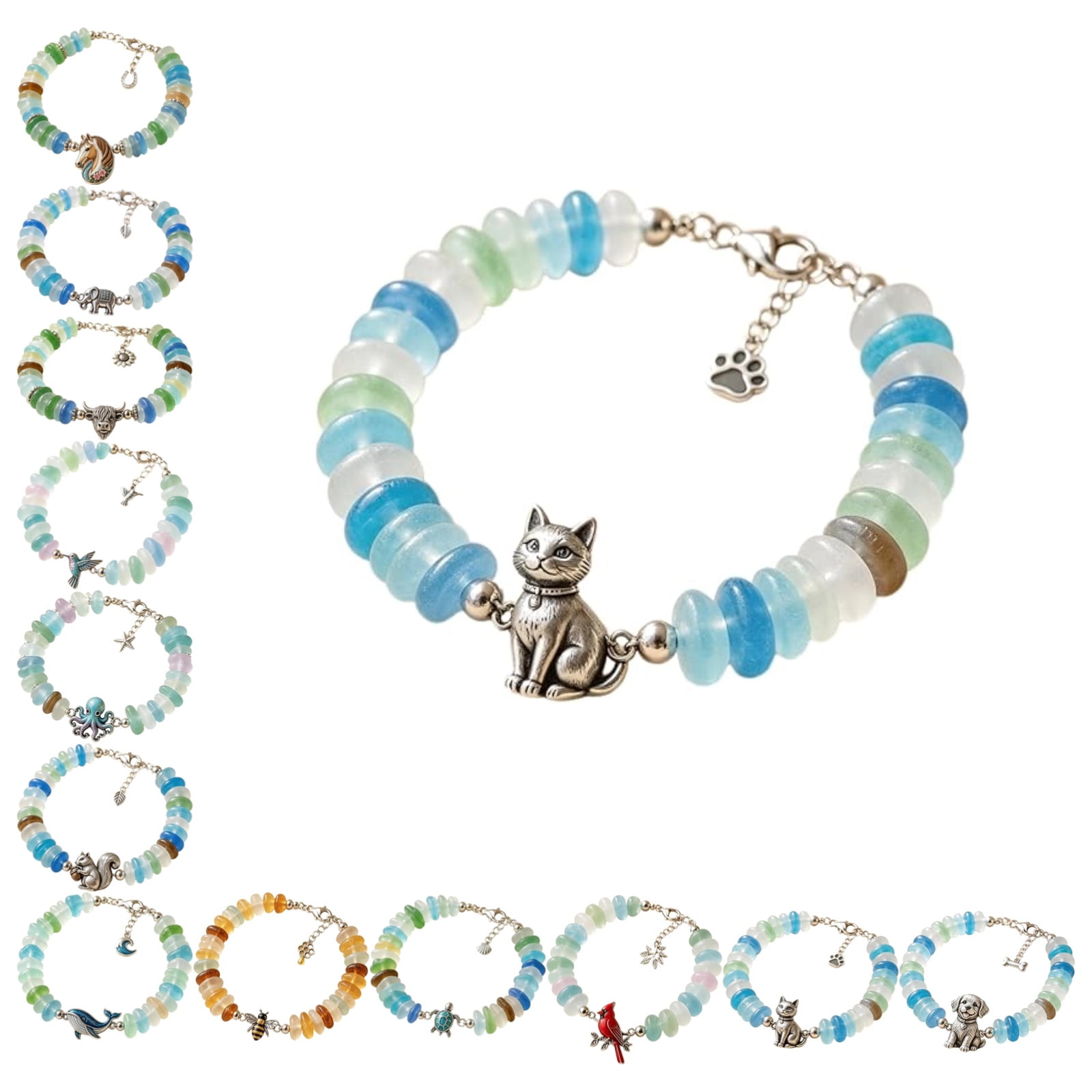 Sea Glass Blessing Bracelet for Women, Ocean Inspired Animal Charm Beaded Jewelry, Inspirational Friendship Bracelet Gift with Coastal Style Design for Daily Wear (Cat)