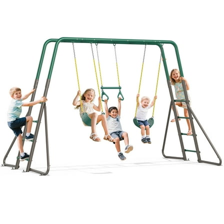 KloKick Metal Outdoor Playground Swing Set with Monkey Bars, 2 Belt Swings, Trapeze Bar & Ladder | Backyard Playset for Kids