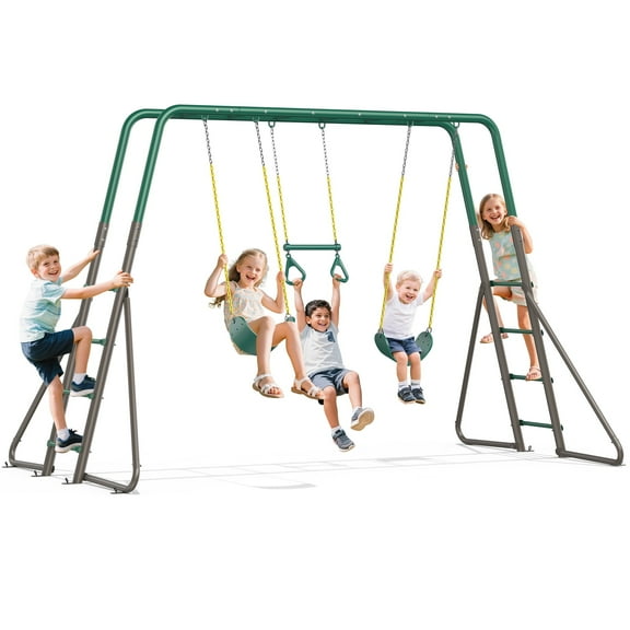 KloKick Metal Outdoor Playground Swing Set with Monkey Bars, 2 Belt Swings, Trapeze Bar & Ladder | Backyard Playset for Kids