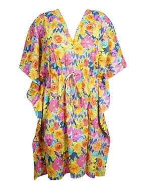 Mogul Women Colorful Floral Tunic Dress Cotton Kimono Sleeves Knee Length Comfy Loose Kaftan Beach Cover Up Short Caftan Dresses 3X