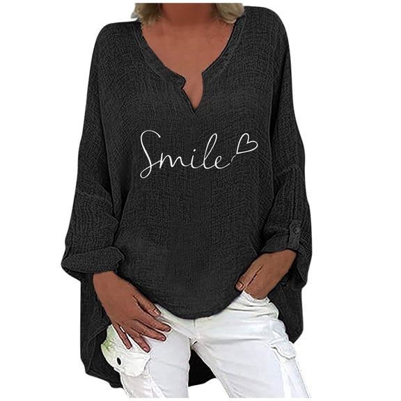 Summer Womens T Shirts Long Sleeve V Neck Printed Long Tail Style Breathable Casual Top Black L