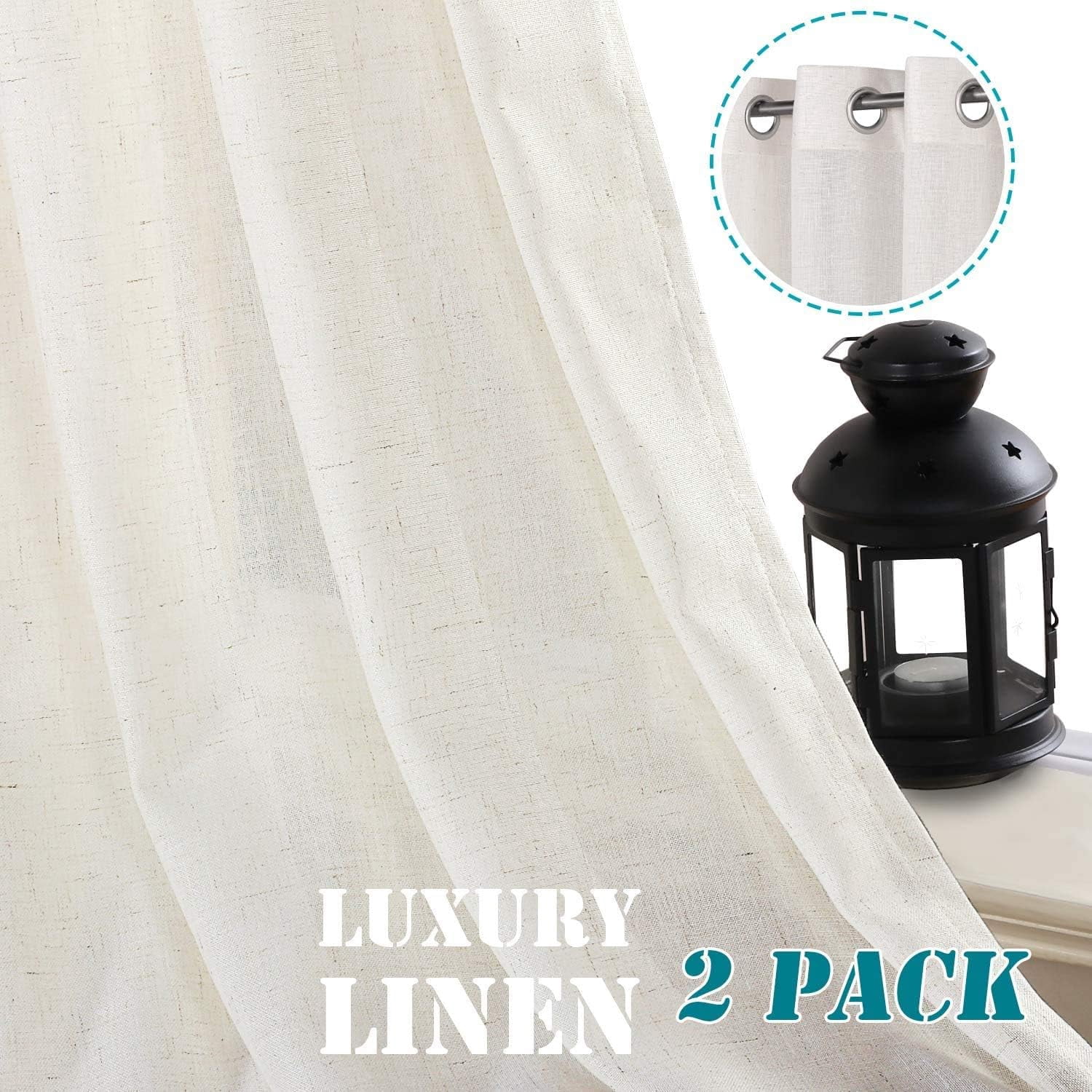 "Primebeau Natural Linen Textured Sheer Curtains with Nickel Grommets, 52"" W x 63"" L, Ivory"