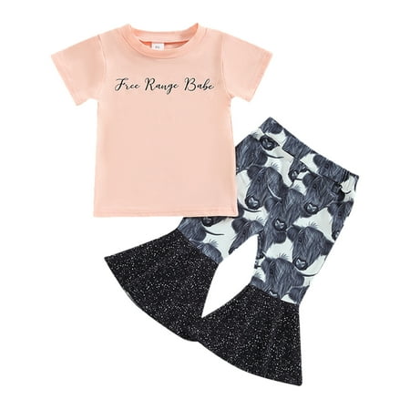 

HIBRO Toddler Girls Summer Short Sleeve Cow Letter Prints Tops Pants 2PCS Outfits Clothes Set For Babys Clothes Baby Girl Outfits Preemie Girl Fashion Crop