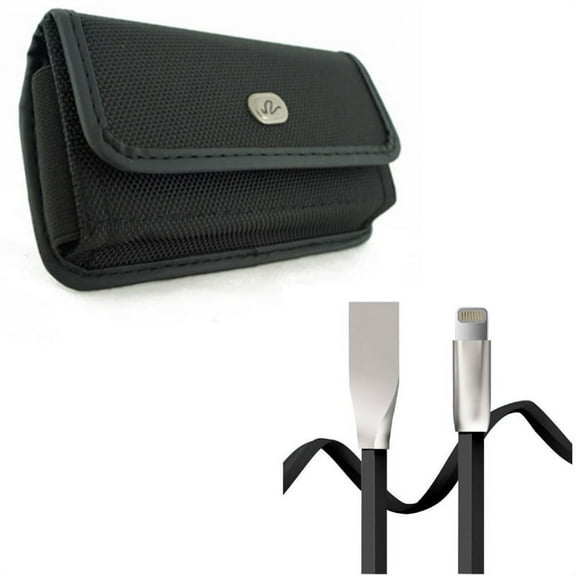 USB Cable w Case Belt Clip for iPhone XS/X - 6ft Flat Charger Cord Power Wire, Rugged Holster Canvas Cover Pouch for iPhone XS/X