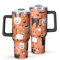 Halloween Cats with Pumpkin and Bat Motifs Tumbler with Handle and Lid,40oz Double Wall Vacuum Insulated Tumbler,Cups Gift for Women and Men