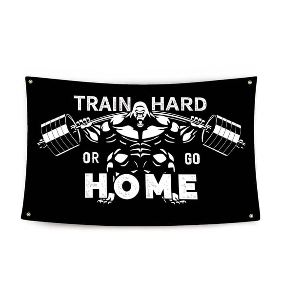 Train Hard or Go Home Flag Motivational Gym Banner 3x5 Feet Fitness Wall Decor with 4 Bass Grommets for Home Gym, Garage