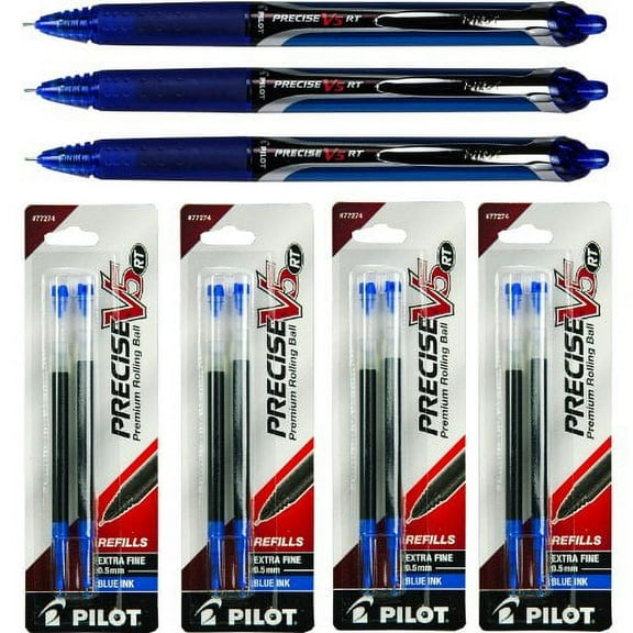 Pilot Precise V5 Rt, 3 Pens 26063 with 4 Packs of Refills, Blue Ink, 0.5mm XF
