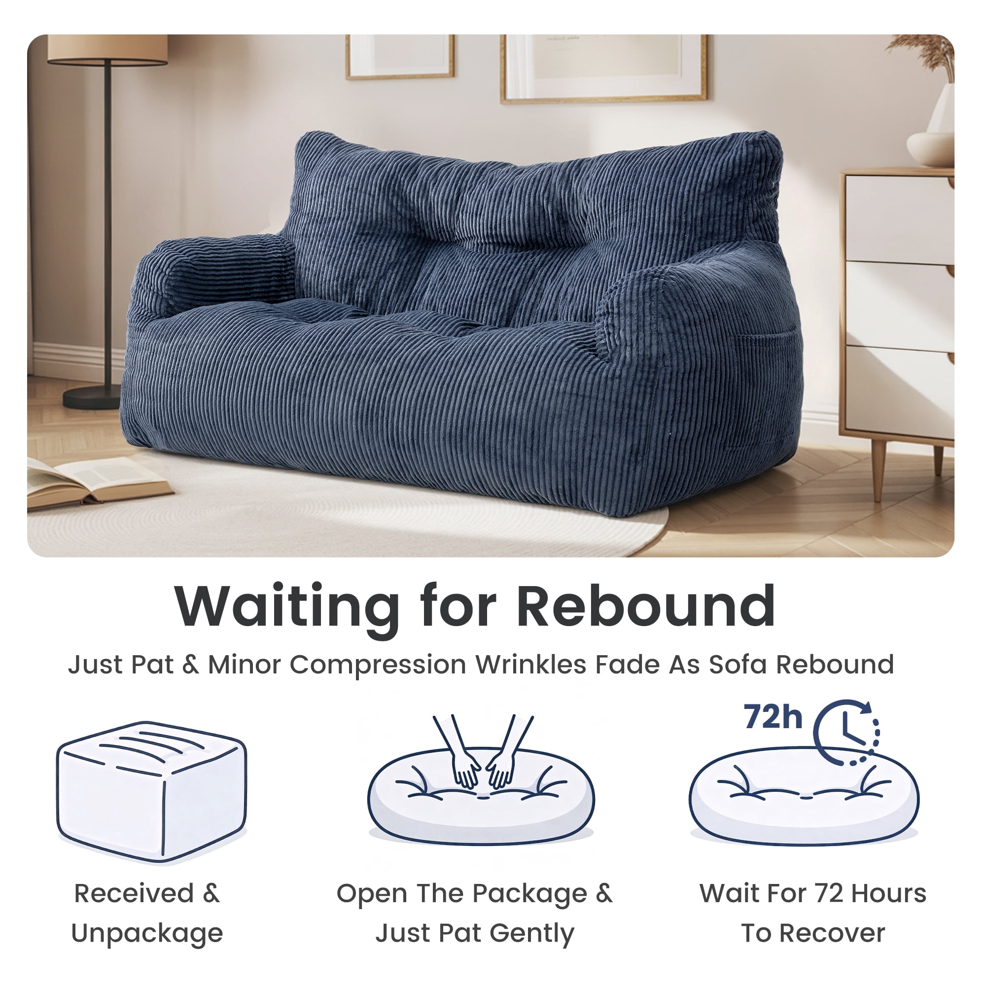 2-Person Foam Filled Bean Bag Chair, Plush Corduroy Lazy Sofa