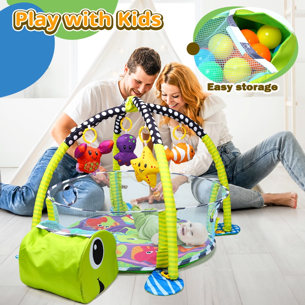 JoyStone 4 in 1 Turtle Baby Play Gym Activity Mat with 30 Balls, 4 Detachable Sound Toys, Baby Sensory Mat for for Toddler Infant, Newborn Gift for Boys and Girls, Green