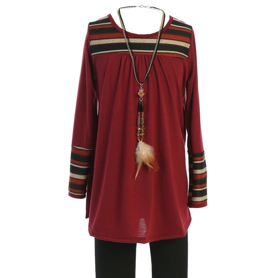 Big Girl 3 PCS Long Sleeve Glitter Blouse Legging Necklace Clothing Girl Pant Set Burgundy 12 JKS 2149 BNY Corner