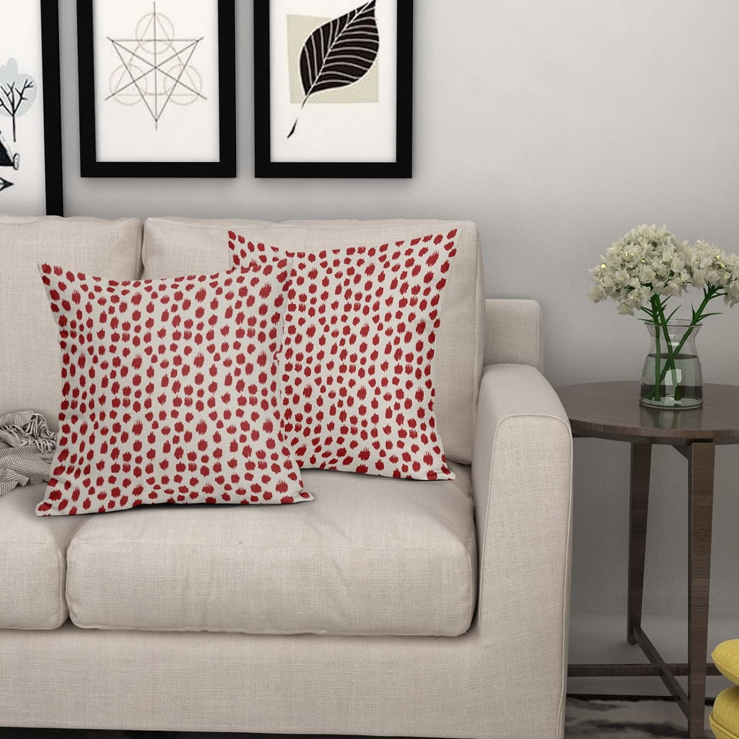 Red Cream Pillow Covers 20x20 Set of 2 Boho Design Polka Dot Throw Pillows Modern Brush Strokes Print Decorative Outdoor Pillowcase Square Cushion Cover Linen Pillow Case for Home Sofa Couch Bed