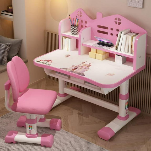 YNCE Small Desk, Desk Chair Set, Widened Desktop Multi Separation Cartoon Pattern Kids Adjustable Height Study Table with Drawer Chair (Pink #8)
