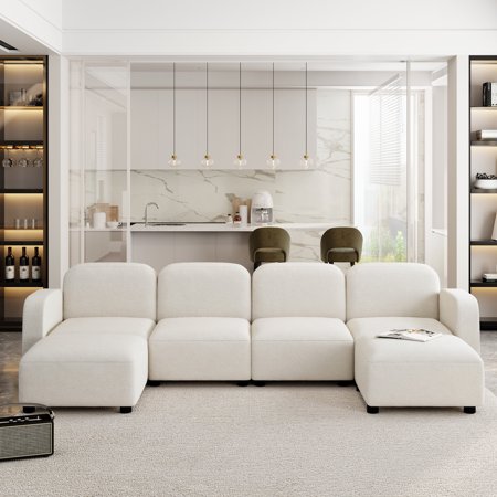 116" Oversized Modular Sectional Sofa Cloud Couch for Living Room, Modern Velvet Large U Shaped Couch, Comfy Modular Corner Couch with Double Chaise for Apartment Office(6 seater, Beige)