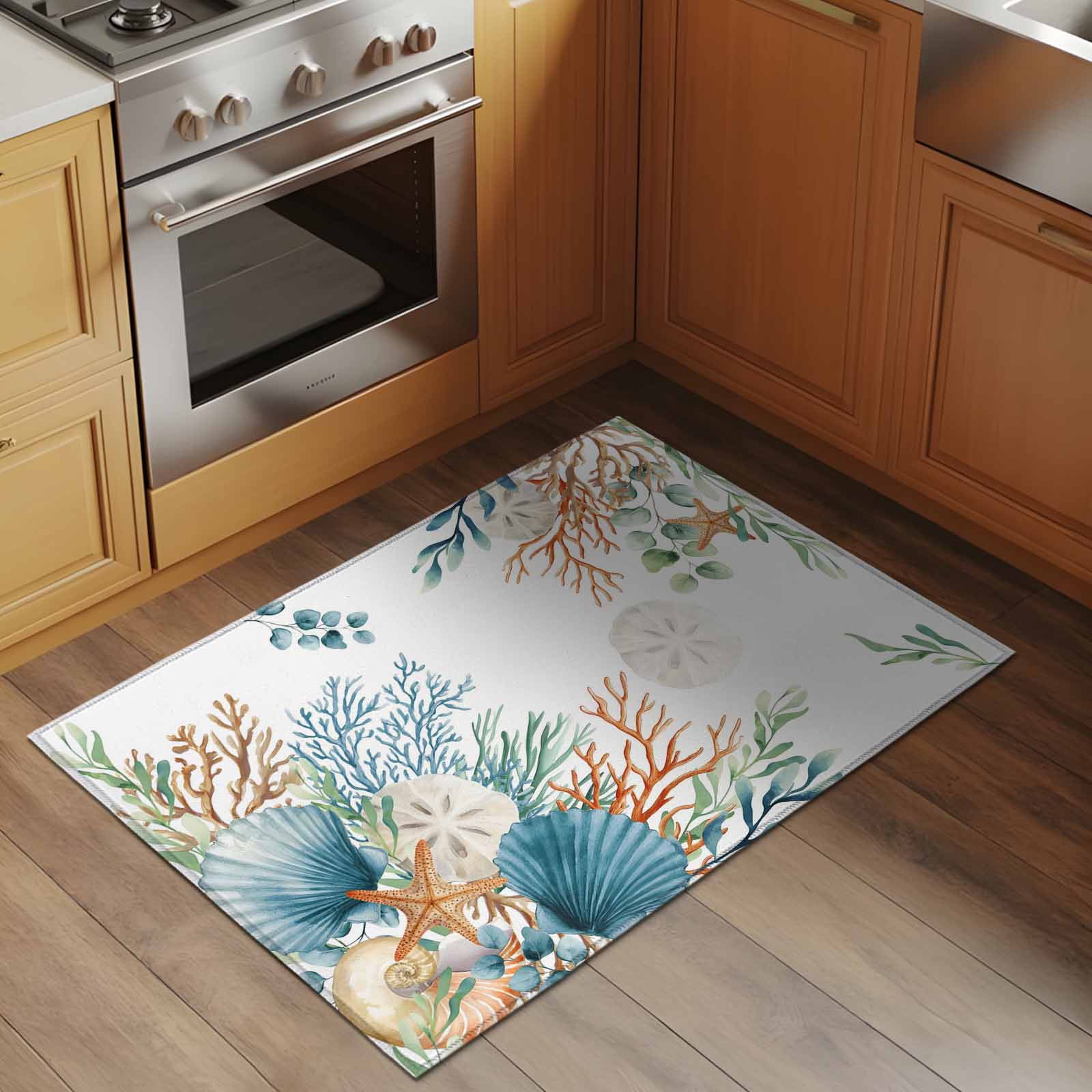 Entryway Rug 2'x3', Beach Coastal Small Rug for Kitchen Bathroom Door Mat Indoor Entrance, Summer Nautical Coral Shell Botanical Non-Slip Area Rugs Floor Mats Carpet Front Door Rugs