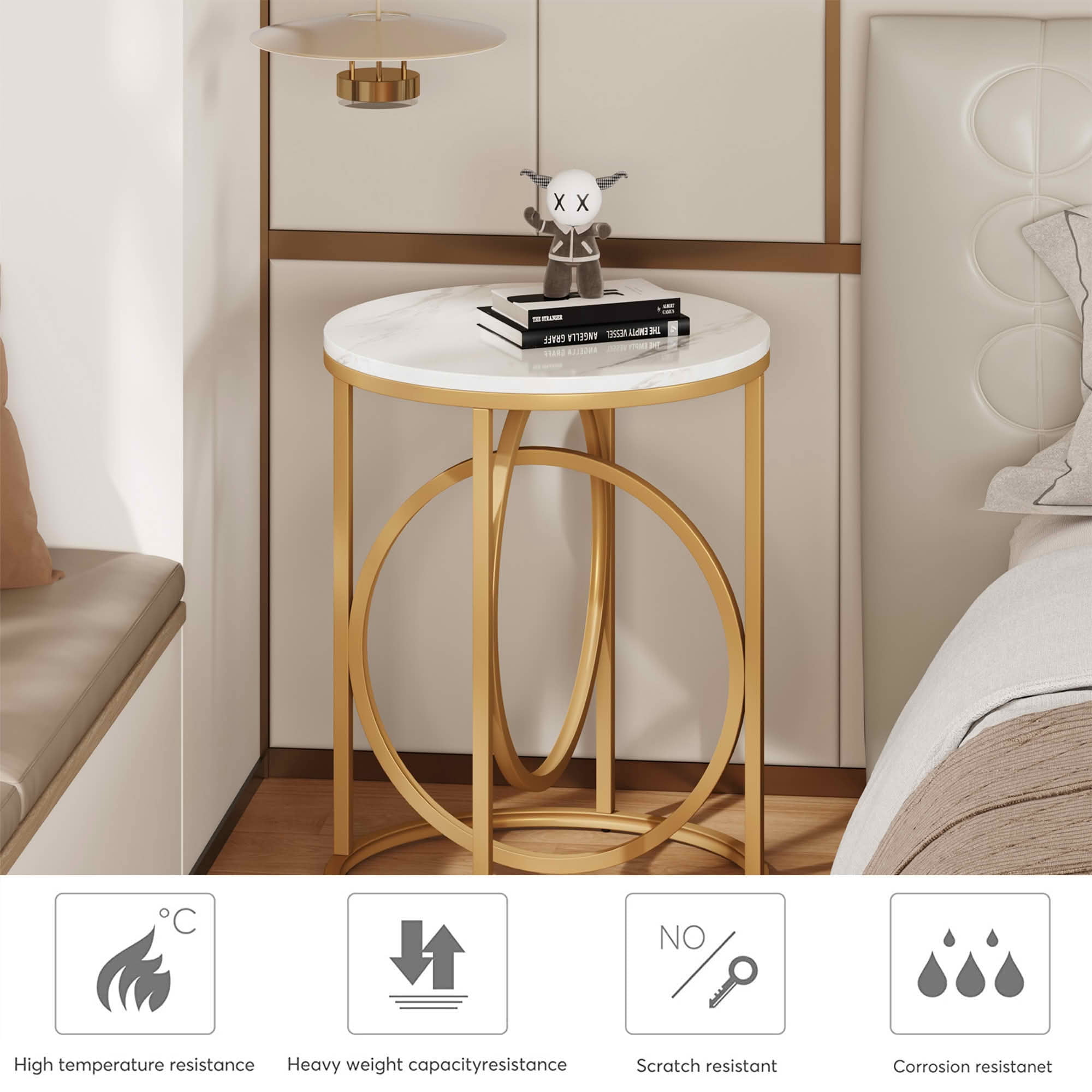 MAYEERTY 19.7" Round Modern End Side Table, White Faux Marble MDF Top Golden O-Shaped Thick Steel Frame Nightstand with Anti-Slip Floor Pads