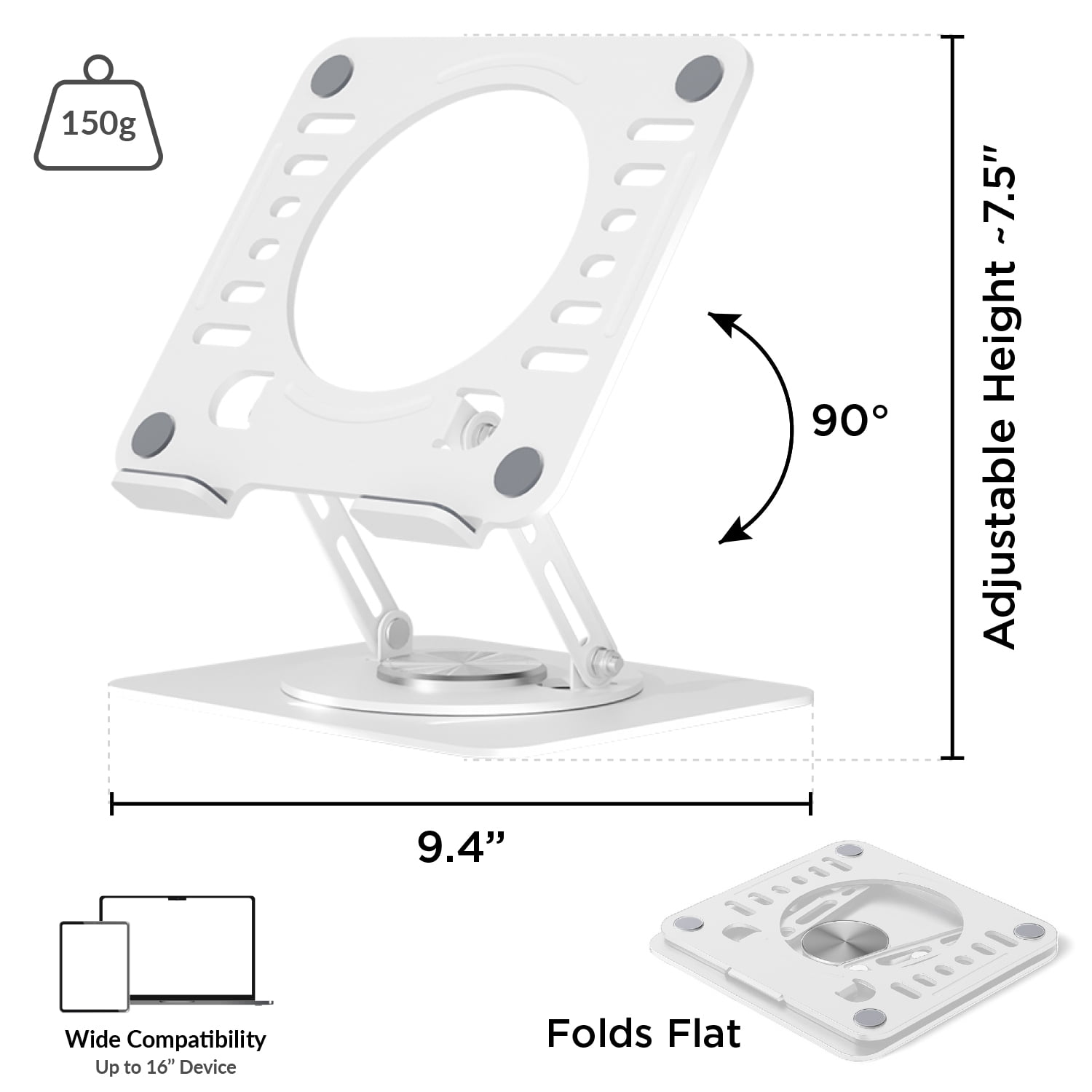 Swivel Laptop Stand for Desk – Adjustable Laptop Riser with 360° Rotation, Height & Tilt, Vented Metal Cooling Panel, Portable Folding Stand (White)