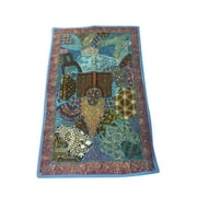 Mogul Indian Tapestry Blue Sequin Embroidered Patchwork Table Runner Bohemian Wall Throw 70x 48