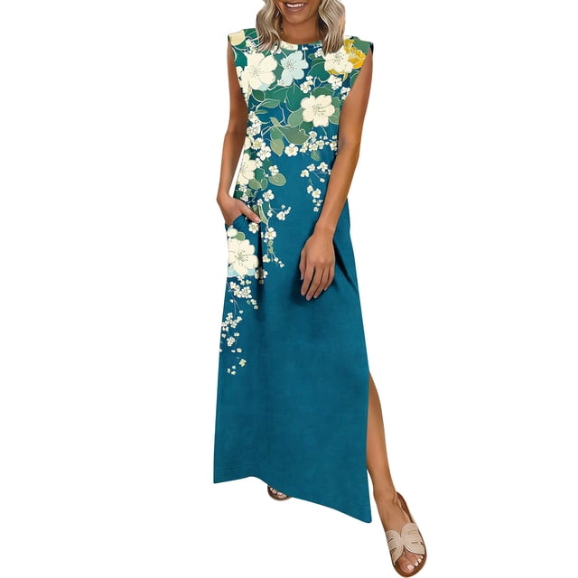 TaTaai Women's Solid Color Round Neck Sleeveless Casual Dress Elegant Front Pleats Knee Length Dress with Pockets Loose Comfortable Fit for Spring Summer Vacation Beach Wear Gift