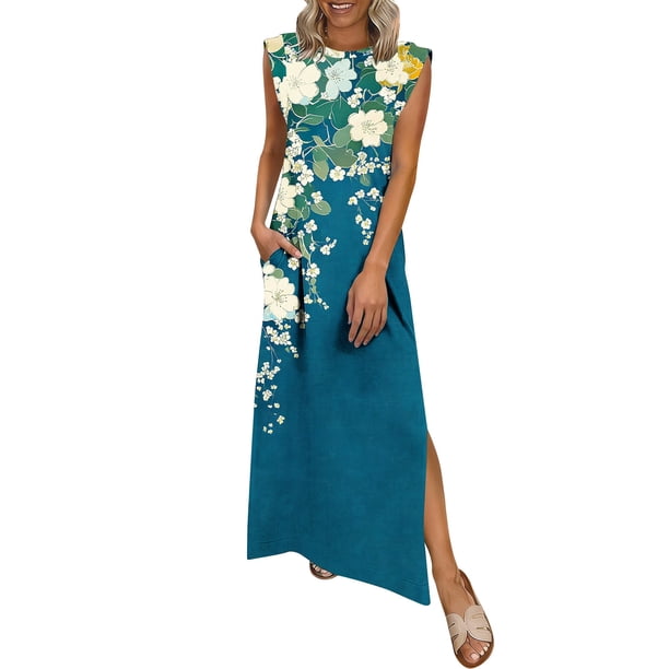 TaTaai Women's Solid Color Round Neck Sleeveless Casual Dress Elegant Front Pleats Knee Length Dress with Pockets Loose Comfortable Fit for Spring Summer Vacation Beach Wear Gift