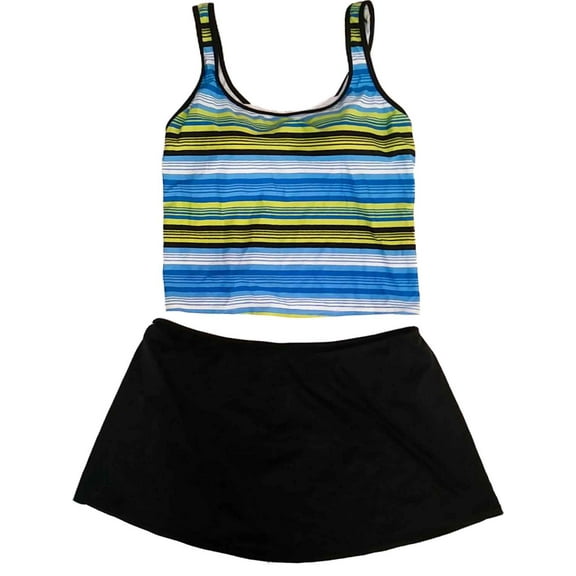Womens Blue Green White Striped 2 Piece Swimming Suit Tankini Shorts Set 20