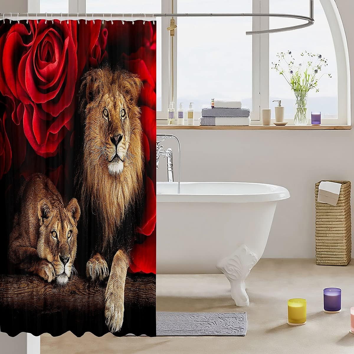 Rose Flower Bathroom Decor Shower Curtain, Animal Lion Print Bath Curtain for Kids Teen Boys Girls Home Room Waterproof Shower Curtains, Modern Style Bath Decorations 72" W x 84" L