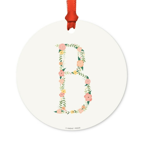 Floral Family Monogram Metal Christmas Ornament, Coral Peach Floral Roses, Letter B, Includes Ribbon and Gift Bag