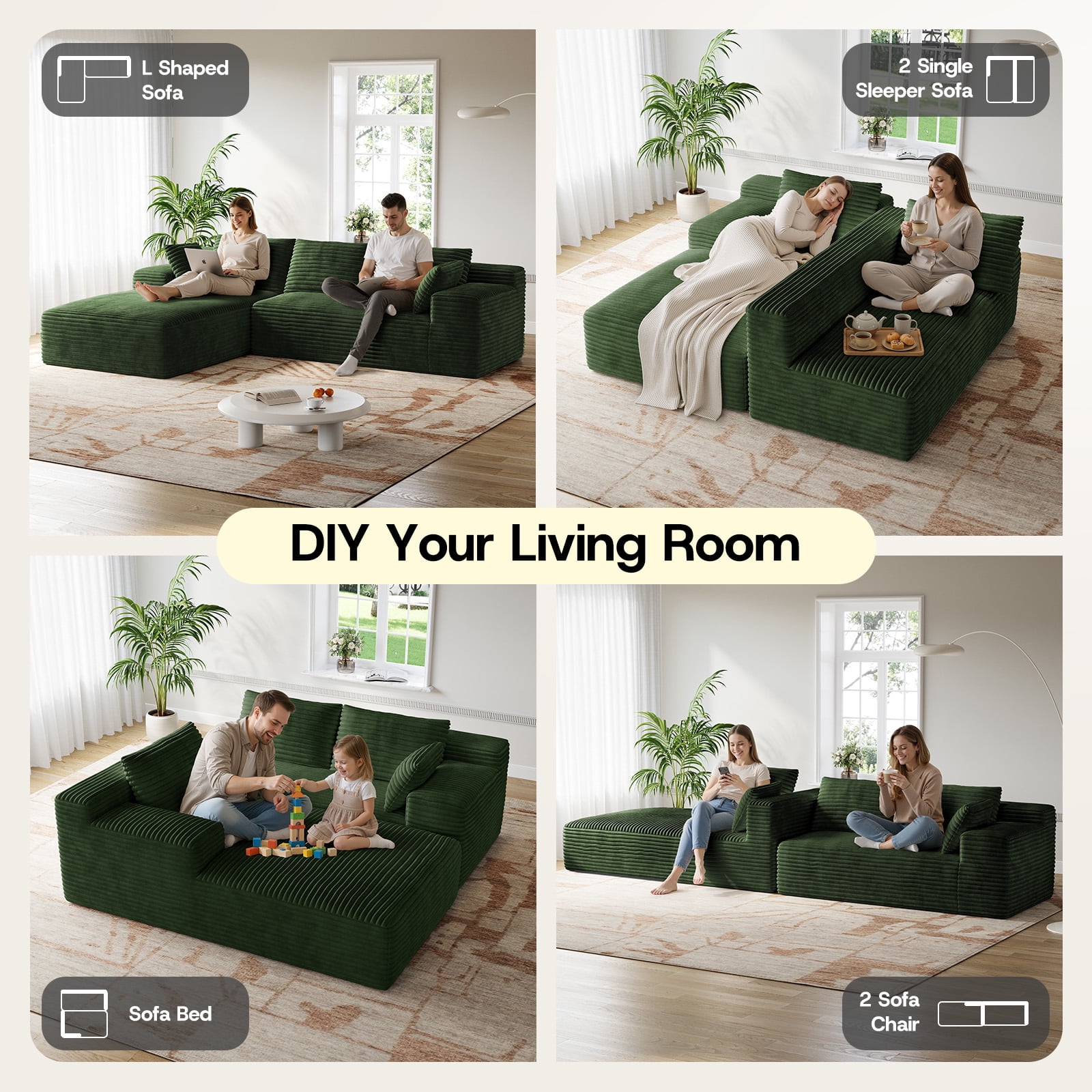 Patbrela 106" Sectional Sofa for Living Room, L-Shaped Modular Sectional Couches with Deep Seat, Corduroy Cloud Oversized Boneless Sofa No Assembly, Green