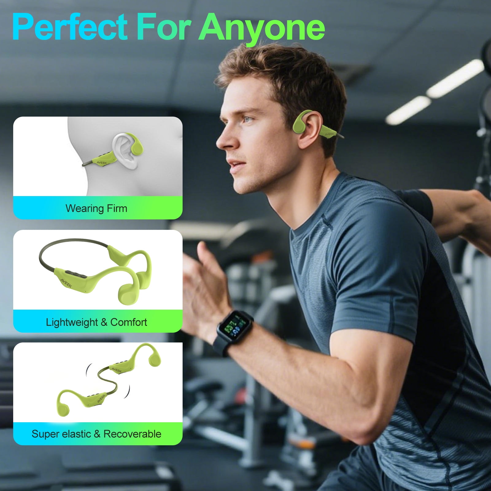 Aveek Bone Conduction Earphones, Open-Ear Wireless Headphones, Bluetooth 5.4 with Microphone, 10H Battery for Running,Cycling,Outdoors,Green