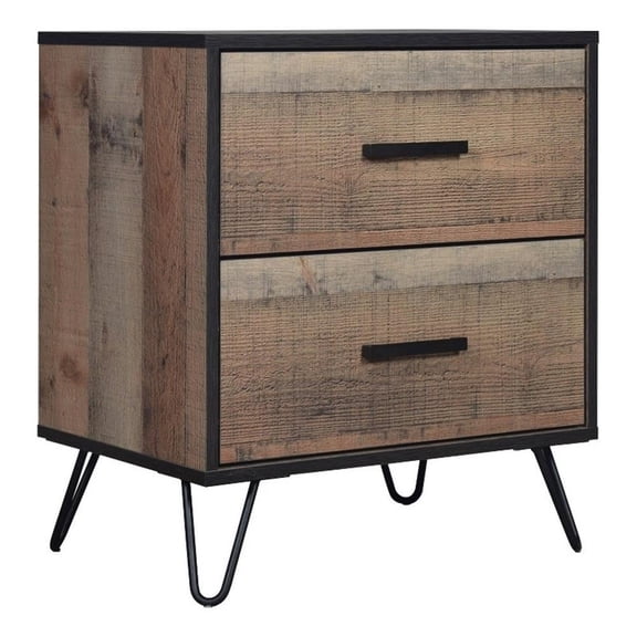 Benjara Lala 25" NightStand- 2 Drawers- Black Handles- Rustic Brown Wood Finish