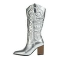 thumbnail image 2 of Leozcaa Women's Cowboy Boots Mid Calf Cowgirl Boots Square Toe Chunky Heel Embroidery Stitched Western Boots, 2 of 8