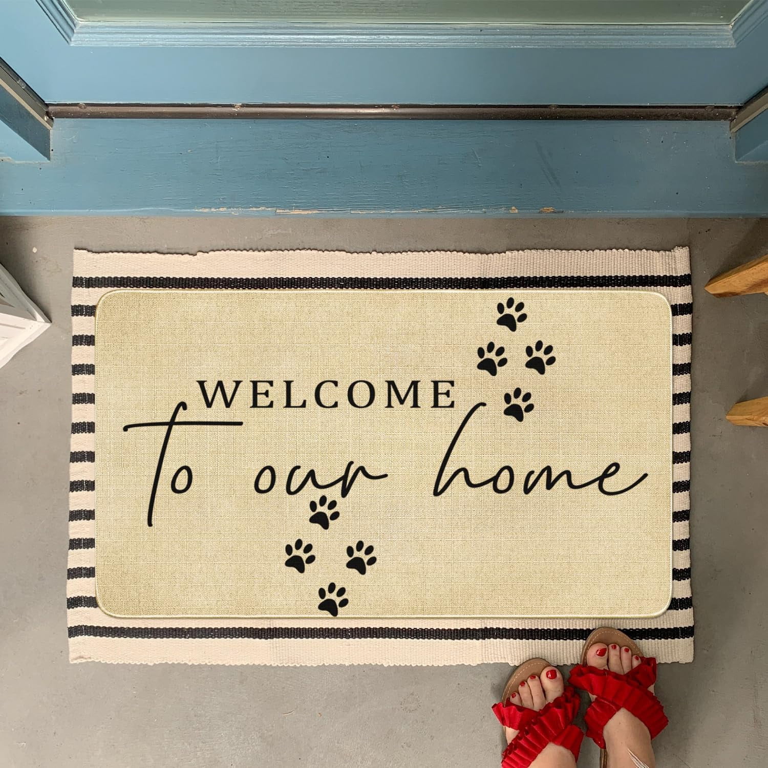 Funny Welcome Door Mats Outdoor,Welcome to Our Home Doormat, Cute Pet Paws Quick Drying Durable Low-Profile Rubber Backing Rug for Indoor Outside Entryway Front Porch Home Decor 30" x 17"