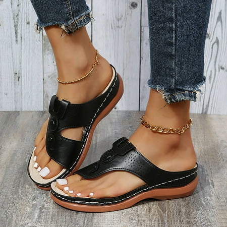 

uikmnh Women Shoes Women Summer Roman Comfy Sandals Flat Bottomed Slip On Clip Toe Flip Flops Sandals With Arch Support Open Black 8