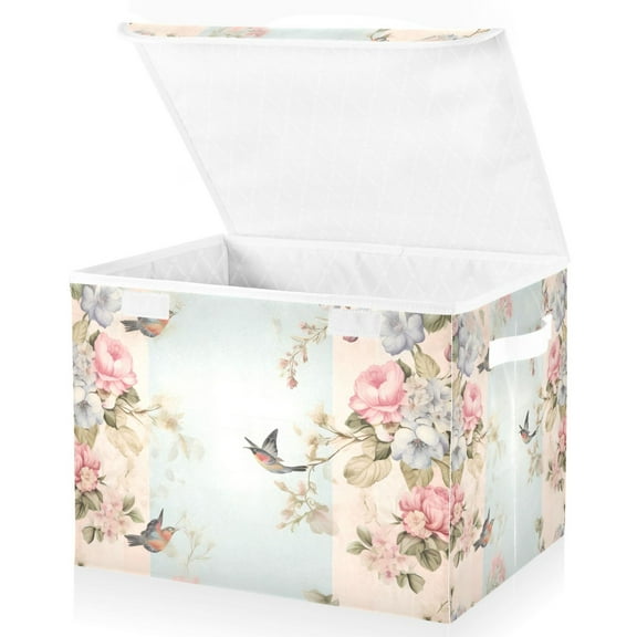 Large Lidded Foldable Storage Baskets Cubes Boxes Lids Bin for Home Bedroom Office Flowers and Birds