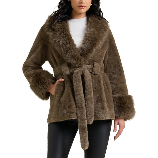 Abrigo de piel sintética para mujer, abrigo de invierno con solapa, suave y cálido, con bolsillos, color marrón M