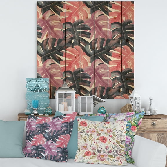 Designart 'Black and Red Monstera On Rough Brush Strokes II' Tropical Print on Natural Pine Wood