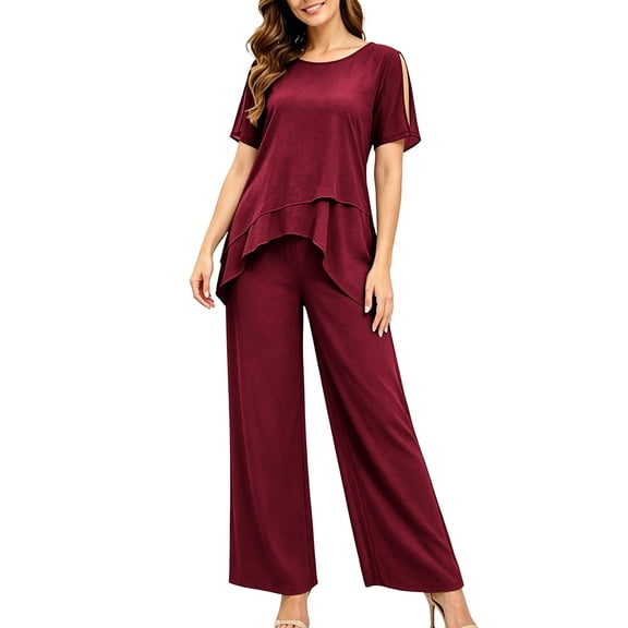 Purcolt Womens 2 Piece Pant Suit Dressy Casual Crew Neck Cut-out Short Sleeve Tops with Asymmetrical Hem Wide Leg Trousers Outfits for Business Work Office